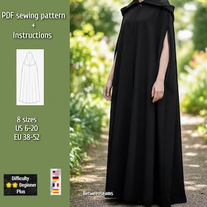PDF Sewing pattern hood cape, 8 sizes, European 38 - 52, USA sizes  6- 20, A4, US letter, A0, confident beginner, Multi-language