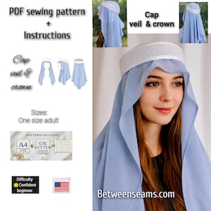 May include: A PDF sewing pattern for a cap, veil, and crown. The image shows a woman wearing a light blue veil and a white-trimmed cap. The pattern includes instructions and is designed for one adult size. The difficulty level is confident beginner.
