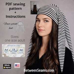 Peut inclure: Un chapeau à quatre pointes à rayures noires et blanches. L'image comprend le texte "PDF sewing pattern + Instructions" et "Tailles: taille unique adulte." Le patron comprend les tailles A4, US Letter et AO copy shop & plotter. Difficulté: Débutant.