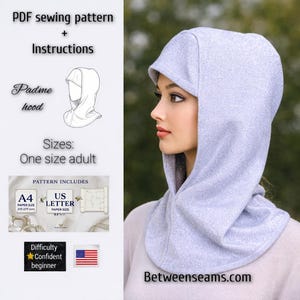 Puede incluir: Un patrón de costura de capucha Padme gris claro con instrucciones. El patrón incluye tamaños de papel A4 y US Letter. El nivel de dificultad es principiante seguro. Se muestra el sitio web Betweenseams.com.