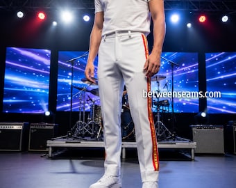Pantaloni su misura a righe rosse e oro di Freddie, pantaloni sartoriali da palcoscenico
