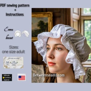 Regency Bonnet Sewing Pattern PDF, Emma Hat Historical Headwear - Victorian Bonnet with Lace, Instant Download - Step-by-Step Instructions