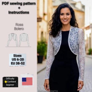 Ross Bolero PDF Sewing Pattern, Elegant Short Lace Jacket, Sizes US 2–20, EU 38 - 52, A4,Us letter,confident beginner