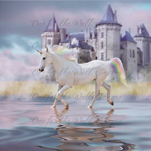 Digital Rainbow Unicorn and castle backdrop background