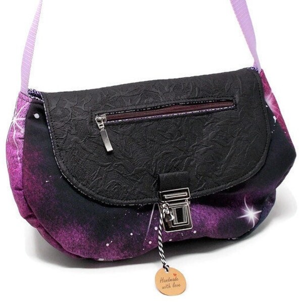 Handtasche lila Galaxy mit Klappe und Außentasche