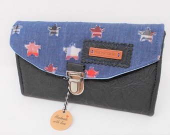 Großes Damen-Portemonnaie mit Sternen, Jeans und Lederimitat, Geldbeutel mit Steckschloss
