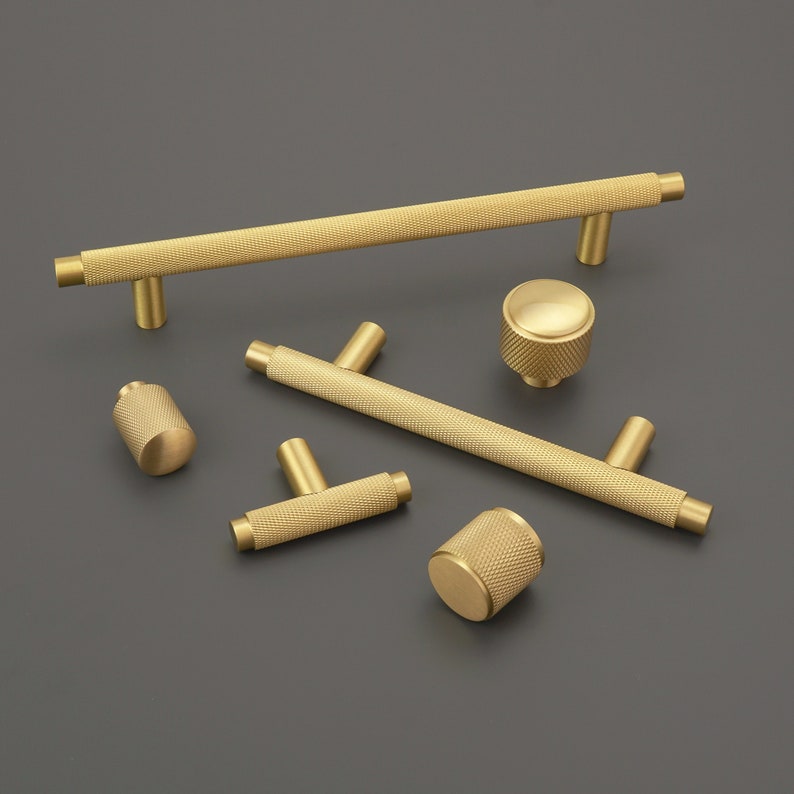 Knurled Kitchen Handles Solid Brass | Satin Brass Door Handles | Knurled Wardrobe Handles | Knurled Door Handles | Gold Knurling Handles 