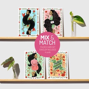 set van 4 kleurrijke geïllustreerde wenskaarten Valentijn - liefde - vriendschap