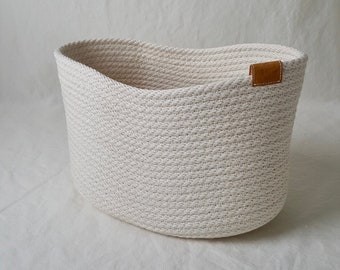 Handmade Rope Basket - Medium Rope Basket - Vegan Leather - Cotton Rope - Natural - Organizer - Storage - Boho Home Decor - Living Room