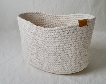 Handmade Cotton Rope Basket: Medium Size, Vegan Leather Tag