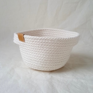 Handmade Cotton Rope Basket: Small Boho Organizer with Vegan Leather Tag