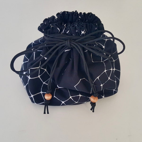 Large Circular Cinch Bag - Cosmetic/Makeup Bag - Mala Bead Bag - Essential Oil Bag - Crystal Bag - Geometric - Black - Batik - 8 Pockets
