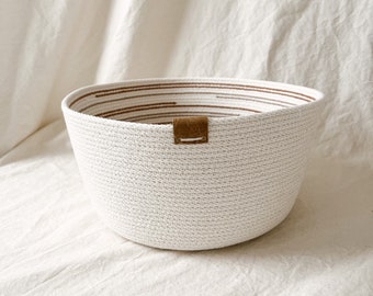 Handmade Rope Basket - Striped Basket - Cotton Rope - Home Decor - Hemp Basket with Leather Tag - Made in Upstate NY - Sustainable Material
