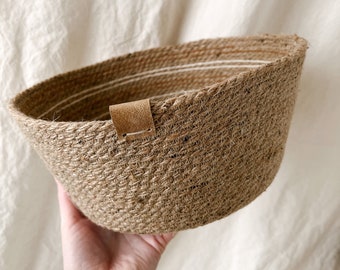 Handmade Hemp Basket - Striped Basket - Fruit Basket - Home Decor - Hemp Basket with Leather Tag - Made in Upstate NY - Sustainable Material