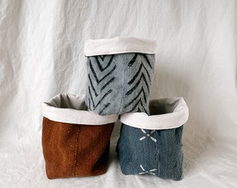 Mudcloth Fabric Basket - Reversible - Cotton Canvas - Small Planters