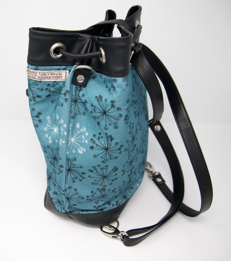 Bucket bag or comfortable backpack in cotton twill and eco leather