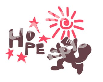 May include: A whimsical illustration with the word "HOPE" in brown letters, accompanied by pink stars, a red sun, and a cartoon character. The image is set against a white background.