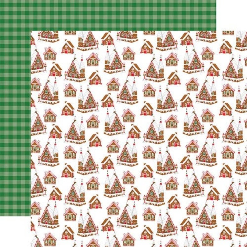 May include: A white background with a repeating pattern of gingerbread houses with brown, white, and red icing. The gingerbread houses are decorated with candy canes, gumdrops, and sprinkles. The background is a green and white gingham pattern.