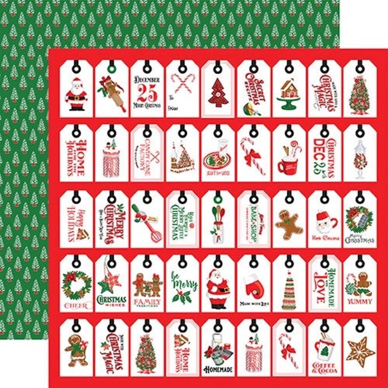 May include: A red background with 36 white tags with black borders and black string. Each tag has a different Christmas-themed image and text. The text includes 'Secret Christmas Recipe', 'Candy Cane Factory', 'Bake Shop', 'Home for the Holidays', 'Merry Christmas', 'Christmas Magic', 'Homemade Love', 'Coffee & Cocoa', 'December 25', 'Christmas Dec 25', 'Cheer', 'Merry', 'Family', 'Yummy', and more.
