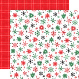 May include: A seamless pattern of red, green, and black snowflakes on a white background. The snowflakes are of varying sizes and are arranged in a random pattern.