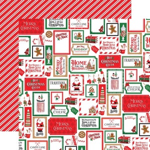 May include: A white background with red and green Christmas themed illustrations and text. The text includes 'Merry Christmas', 'Hot Christmas Cocoa', 'Candy Cane Factory', 'Christmas Cheer', 'Home for the Holidays', 'Traditions', 'It's Beginning to Look a Lot Like Christmas', and 'Christmas Magic'. The illustrations include gingerbread men, candy canes, Santa Claus, and Christmas trees.