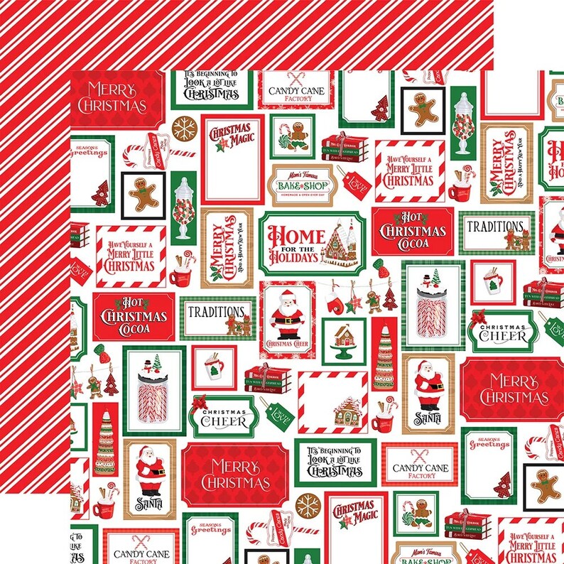 May include: A white background with red and green Christmas themed illustrations and text. The text includes 'Merry Christmas', 'Hot Christmas Cocoa', 'Candy Cane Factory', 'Christmas Cheer', 'Home for the Holidays', 'Traditions', 'It's Beginning to Look a Lot Like Christmas', and 'Christmas Magic'. The illustrations include gingerbread men, candy canes, Santa Claus, and Christmas trees.