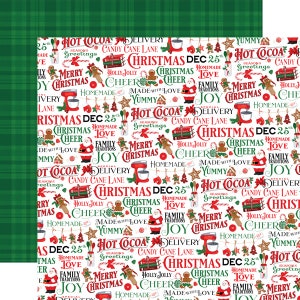 May include: A white background with a green and red plaid border. The background is filled with a repeating pattern of Christmas-themed words and images, including 'Hot Cocoa', 'Candy Cane Lane', 'Christmas Cheer', 'Homemade Love', and 'Joy'. The images include Santa Claus, gingerbread men, candy canes, and Christmas trees.