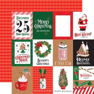 May include: A red and white checkered background with a 3x4 grid of Christmas themed images. The images include a red and white striped candy cane, a red mug with white lettering that says 'Merry Christmas', a green wreath with a red bow, a gingerbread house, a jar with red and white striped candy canes, a Christmas tree with ornaments, a red and white striped candy cane, and a red and white striped candy cane. The text on the images includes 'December 25', 'Merry Christmas', 'Season's Greetings', 'Christmas Cheer', 'Home for the Holidays', 'It's the most Wonderful Time of the year!' and 'Christmas Cheer'. The images are surrounded by a red and white checkered border.