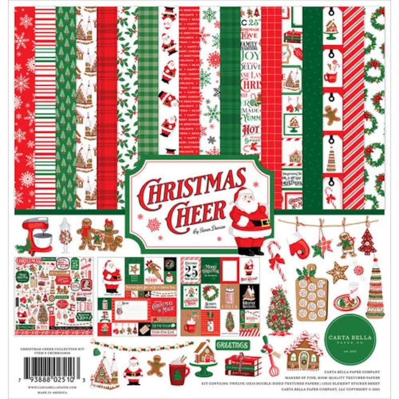 May include: Christmas Cheer collection kit by Carta Bella Paper Company. The kit includes twelve double-sided textured papers, one element sticker sheet, and one sheet of 12x12 papers. The kit features a red and green color scheme with a variety of Christmas-themed designs, including gingerbread houses, Santa Claus, candy canes, and snowflakes. The text on the packaging reads 'Christmas Cheer Collection Kit', 'Item # C25', 'Carta Bella Paper Company', 'Makers of Fine, High Quality Textured Papers', 'Kit Contains: Twelve 12x12 Double-Sided Textured Papers, 12x12 Element Sticker Sheet', 'Carta Bella Paper Company, LLC Copyright 2023'.
