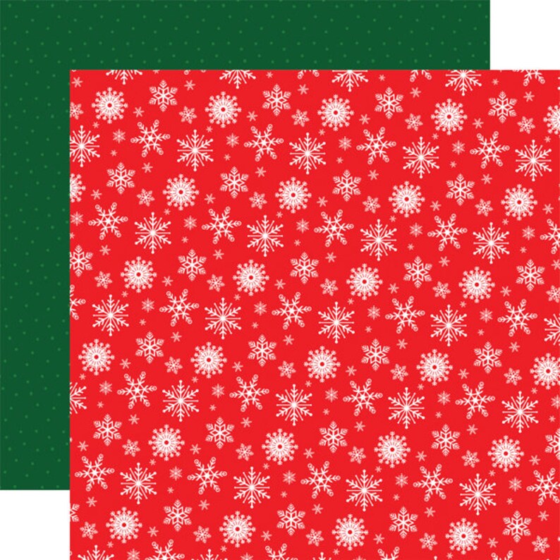 May include: A red background with a repeating pattern of white snowflakes of various sizes.