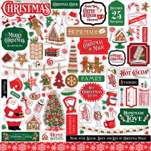 May include: A collection of Christmas themed stickers with red, green, white, and brown colors. The stickers feature images of gingerbread houses, candy canes, snowflakes, Santa Claus, Christmas trees, and a variety of Christmas-themed text, including 'Merry Christmas', 'Homemade with Love', 'Hot Cocoa', and 'Christmas Magic'.