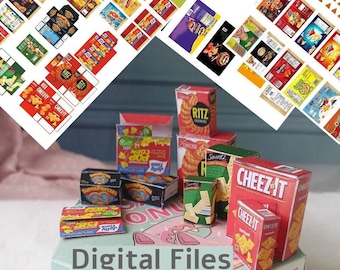 41 style printable snack and chips, printable crackers and pop corn, Package for Dollhouse 1/6 scale and 1:12 scale. DIGITAL DOWNLOAD ONLY