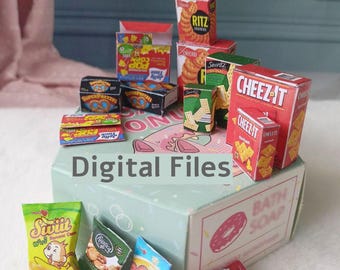 Snacks, papas fritas, galletas y palomitas imprimibles, cajas de pizza y sushi imprimibles. Escalas 1/6 y 1:12. SOLO DESCARGA DIGITAL.