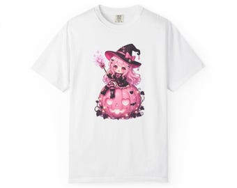 Pink Kawaii Witch Jack-O'-Lantern T-Shirt | Whimsical Halloween Graphic Tee