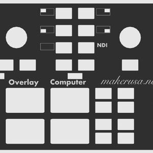 May include: Black and white control panel with buttons and labels for Camera 1, Camera 2, Overlay, Computer, and NDI. The panel also has a large round knob and a smaller round knob. The text "makerusa.net" is printed at the bottom of the panel.