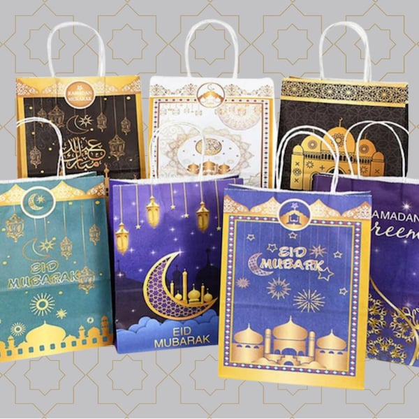 7 Eid Mubarak / Ramadan Kareem Gift Bags made with Kraft Paper - Muslim Islamic Arabic Art Free Shipping