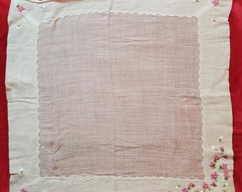 Vintage Parisian Cotton White Hankie with Applique and Embroidered Flowers in Pink and Yellow, with Green Stems