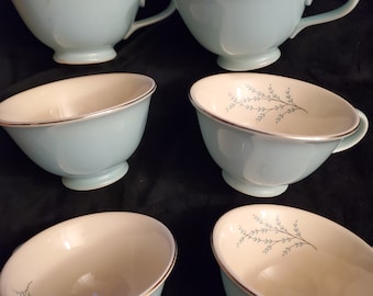 Vintage 1950's Taylor Smith and Taylor Turquoise Blue Floral Twig Tea Cups/Set of 6