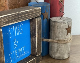 Mini Distressed Framed  "Stars & Strips" Sign with Rae Dunn Inspired 4th of July Lettering