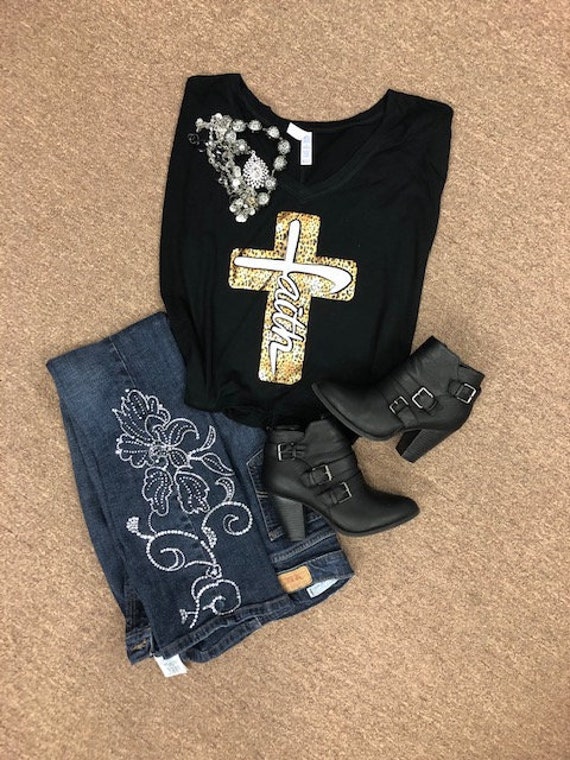 Faith Cross Ladies T-shirt With Leopard 