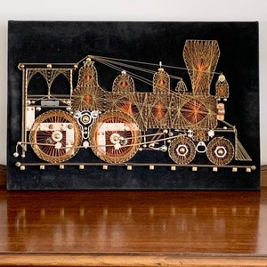 Vintage Train String Art: Handmade MCM Locomotive Wall Hanging
