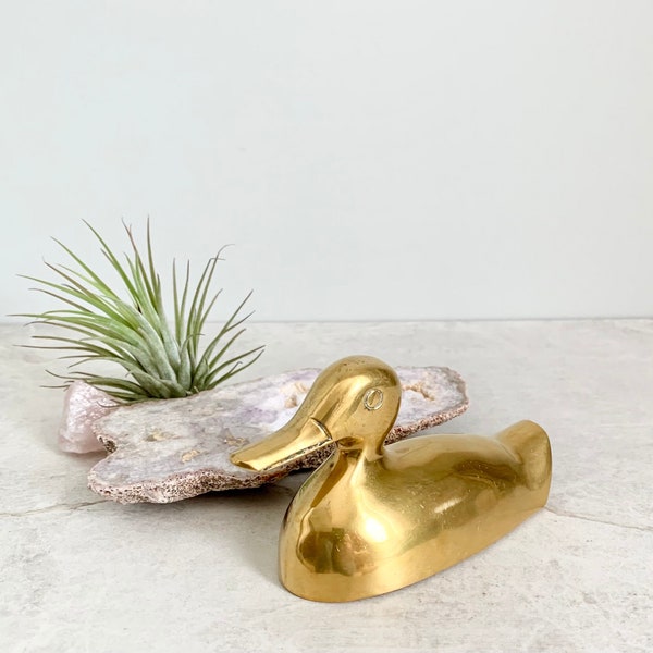 Single Vintage Brass Duck Figurine, Mid Century Tabletop Art, MCM Collectible Vintage Bird Home Decor, Brass Duck Paperweight