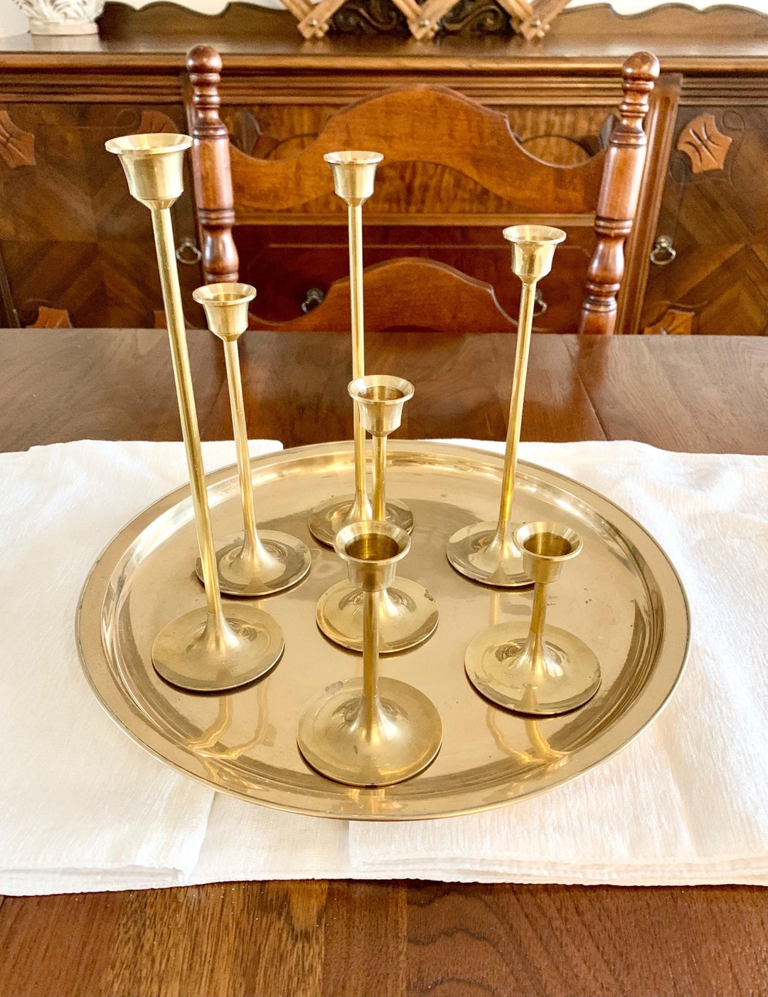 Vintage Brass Candlestick Holder Set: Mid-century Tulip Decor With