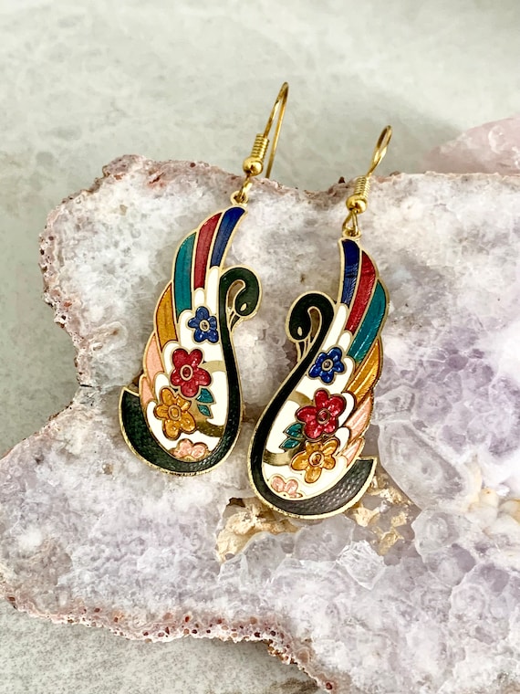Swan Enamel Floral Earrings, Vintage Cloisonné Ena