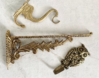 3 Vintage Brass Hooks, Elephant, Ornate Scrollwork, MCM Owl Wall Hook, Purse, Jewelry, Coat, Towel Hook, Multipurpose Vintage Wall Decor
