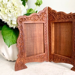 Hand Carved Rosewood Picture Frame, Decorative Sheesham Double Pane Frame, MCM Tabletop Decor