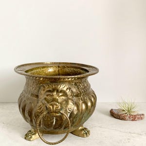 Vintage Brass Planter with Lion Head and Ring Handles