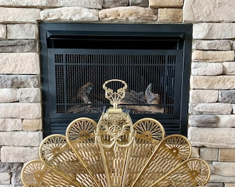 Folding Brass Peacock Fireplace Screen, Vintage Cameo Peacock Fan, Decorative Brass Victorian Fire Screen