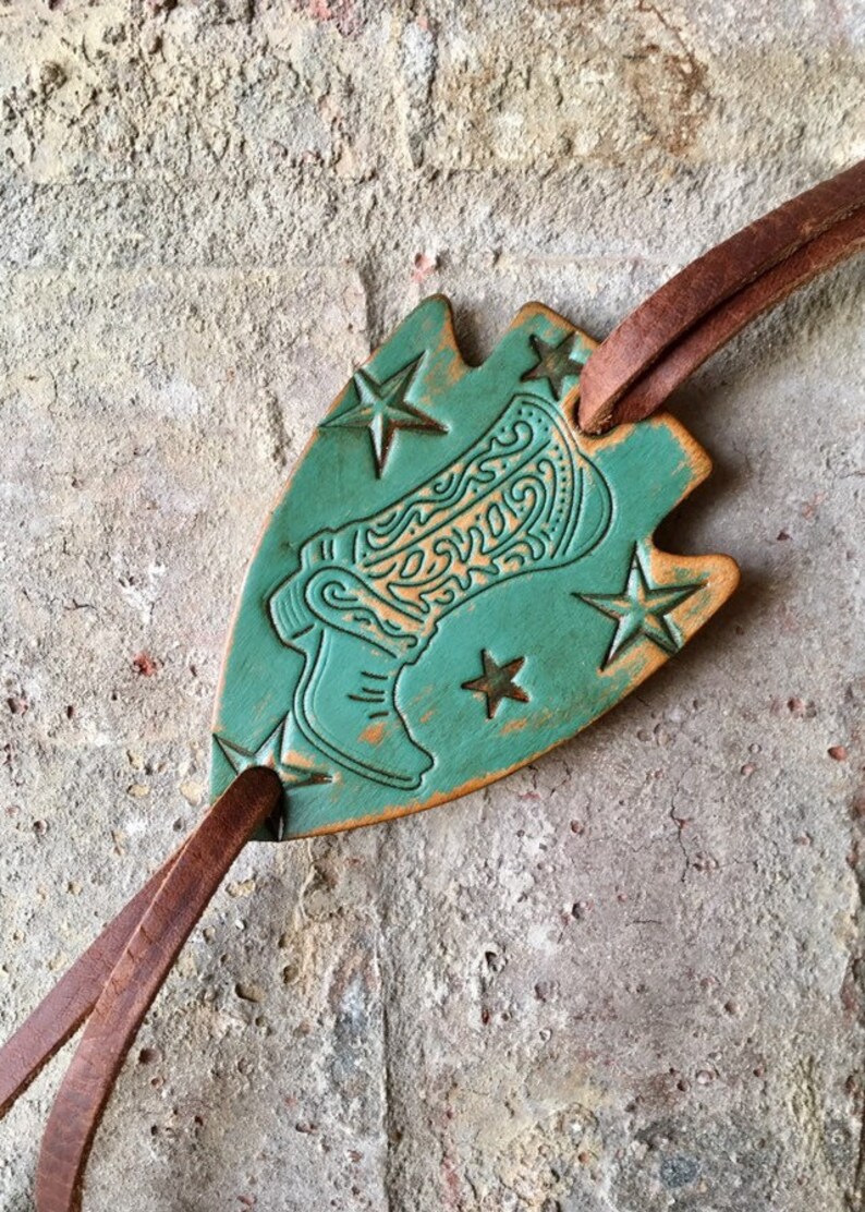 Handmade Gifts for Her Western Boot Embossed Leather Bolo Necklace