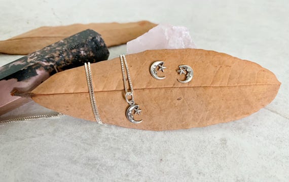Vintage Sterling Silver Crescent Moon and Stars Jewelry Set